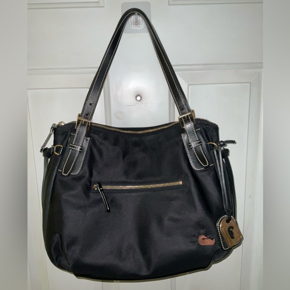 NEW DOONEY & BOURKE Black Nylon Pink Lining Logo Charm Leather Trim Shoulder Bag - Picture 2 of 11